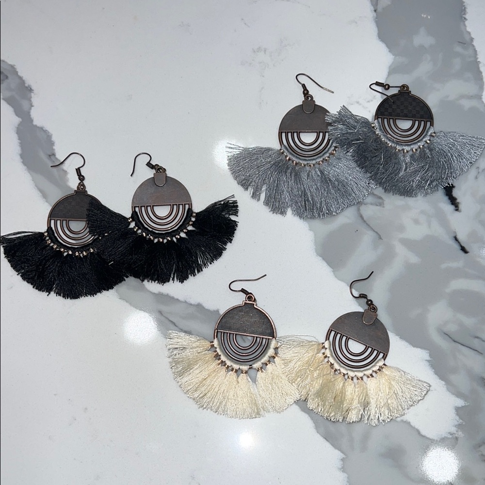 Elegant Black, Gray, and Cream Tassel Earrings